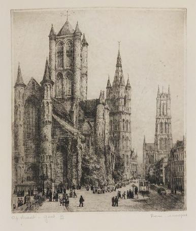 Belgische etser R. Malfliet met een Gentse ets