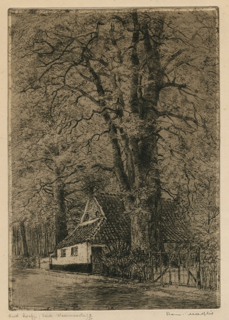 Belgische etser R. Malfliet met een ets van een oud hoefje