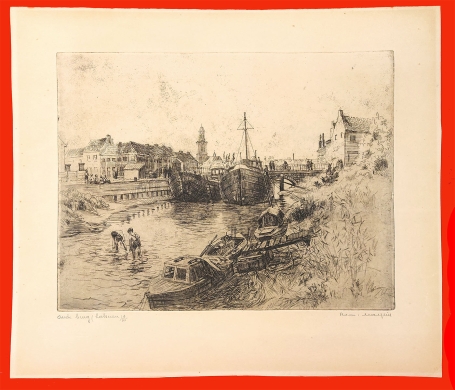 Belgische etser R. Malfliet met een ets van rivier