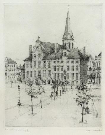 Belgische etser R. Malfliet met een ets van St Niklaas