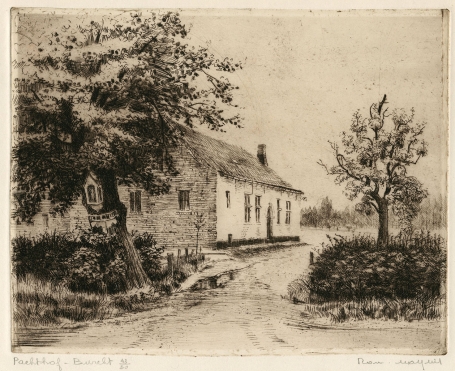 Belgische etser R. Malfliet met een ets van Burcht