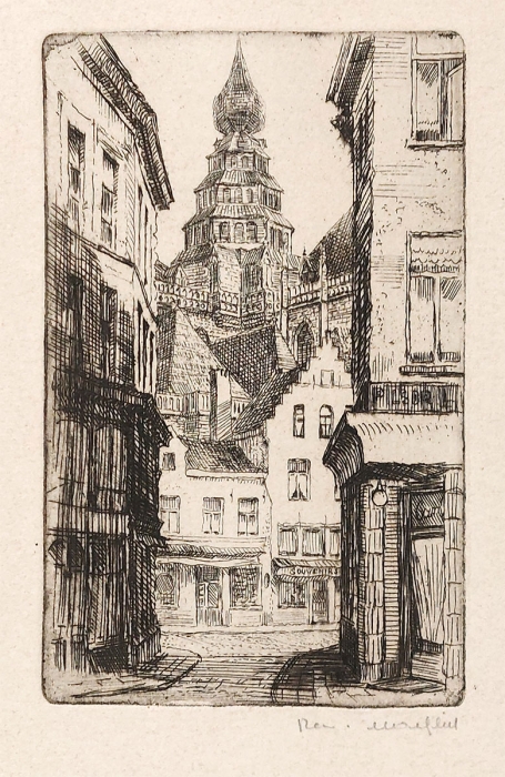 Belgische etser R. Malfliet met een kleine ets