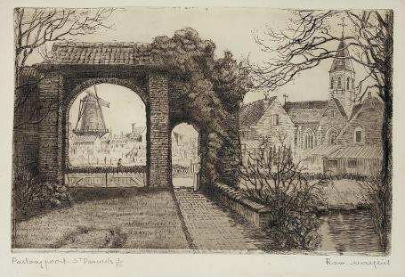 Belgische etser R. Malfliet met een ets van St Pauwels