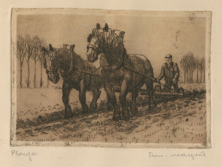 Belgische etser R. Malfliet met een ets op papier