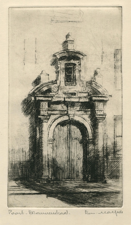 Belgische etser R. Malfliet met een ets van een poort