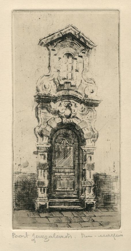 Belgische etser R. Malfliet met een ets van een poort in Antwerpen