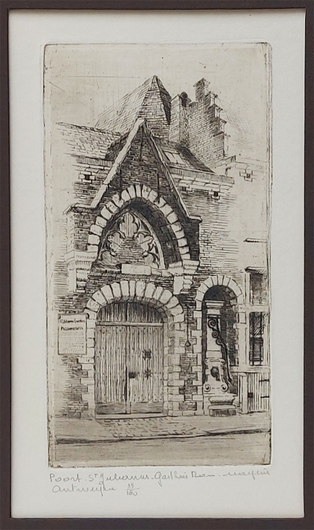 Belgische etser R. Malfliet met een ets van Antwerpen