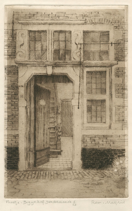 Belgische etser R. Malfliet met een ets van Dendermonde