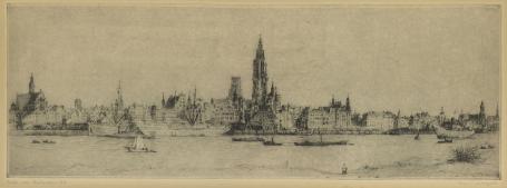 Belgische etser R. Malfliet met een Antwerpse ets