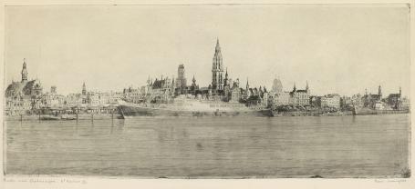 Belgische etser R. Malfliet met een Antwerpse ets