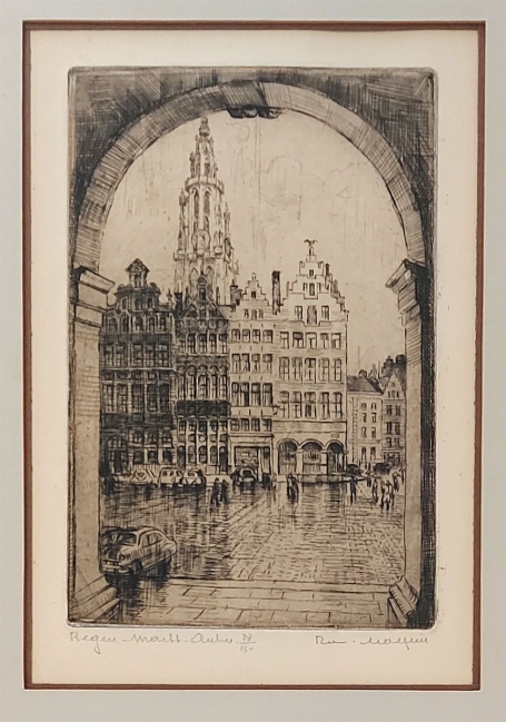 Belgische etser Romain Malfliet met een ets van Antwerpen