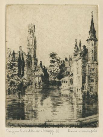 Belgische etser R. Malfliet met een ets van Brugge