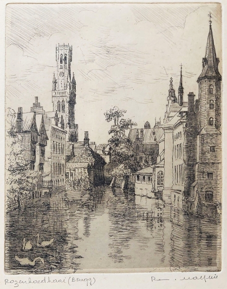 Belgische etser R. Malfliet met een ets van Brugge