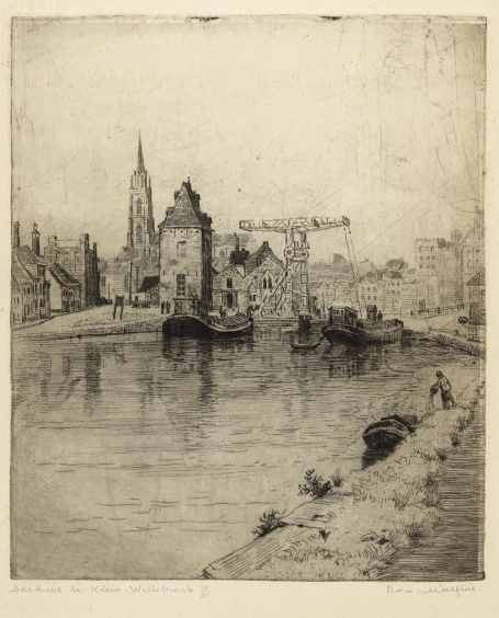 Belgische etser R. Malfliet met een ets van Klein Willebroek
