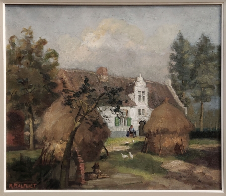 Belgische etser R. Malfliet met een olieverfschilderij