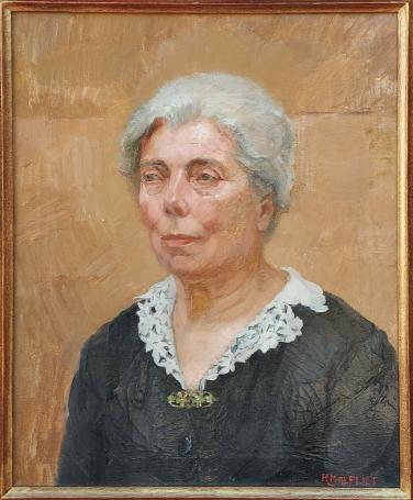 Belgische kunstenaar R. Malfliet met een schilderij