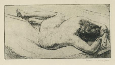 Belgische etser R. Malfliet met een ets naakte vrouw