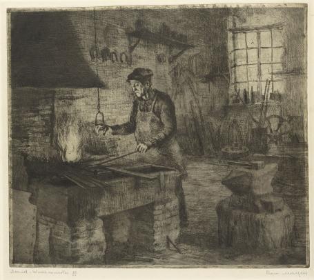 Belgische etser R. Malfliet met een zeer grote ets