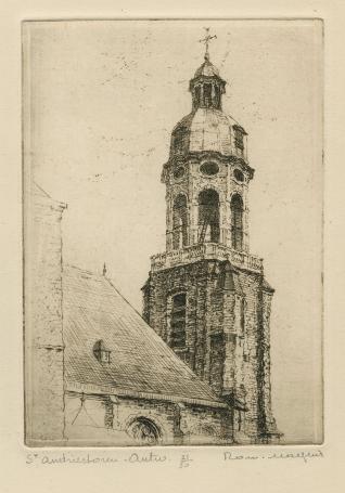 Belgische etser Romain Malfliet met een ets van St Andriestoren