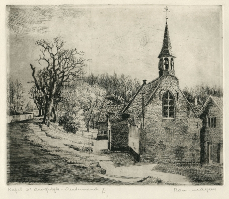 Belgische etser R. Malfliet met een ets van Dendermonde