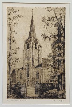 Belgische etser R. Malfliet met een ets van Wilrijk