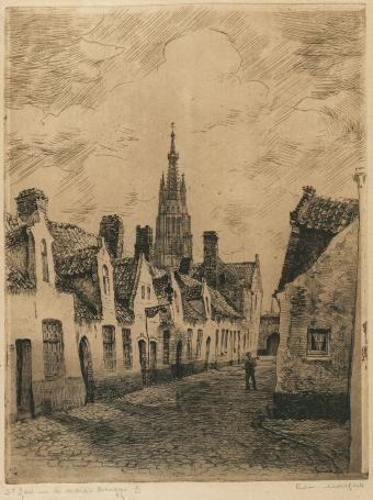 Belgische etser R. Malfliet met een Brugse ets