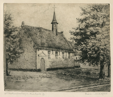 Belgische etser R. Malfliet met een ets van kapel te Ruisbroek