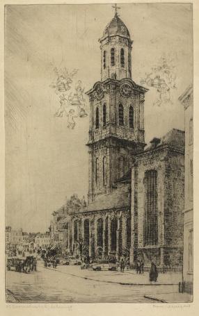 Belgische etser R. Malfliet met een ets van Lokeren