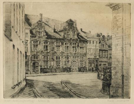 Belgische etser R. Malfliet met een ets uit Lokeren