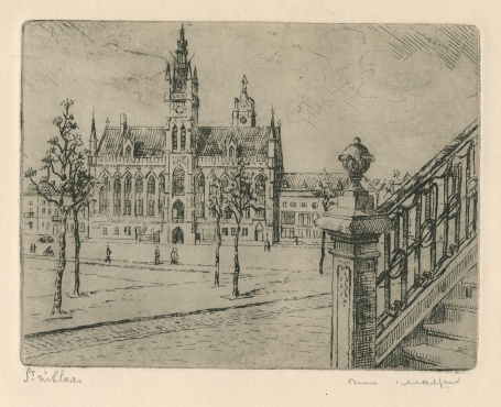 Belgische etser R. Malfliet met een ets, St-Niklaas