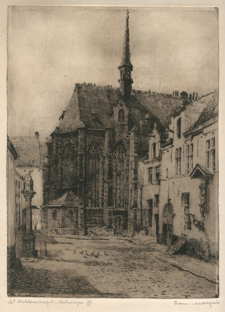 Belgische etser R. Malfliet met een grote ets