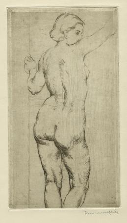 Belgische etser R. Malfliet met een ets van een naakte vrouw