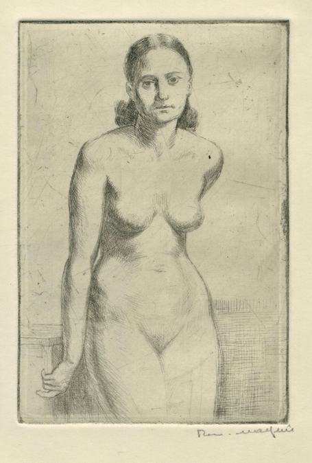 Belgische etser R. Malfliet met een ets van een naakte dame