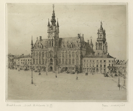 Belgische etser R. Malfliet met een ets van St Niklaas