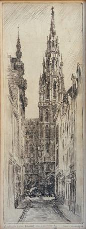Belgische etser R. Malfliet met een Brusselse ets