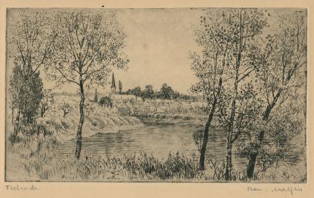 Belgische etser R. Malfliet met een ets van Tielrode