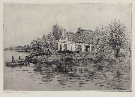 Belgische etser R. Malfliet met een ets van het Veerhuis