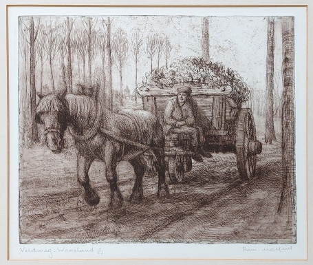 Belgische etser R. Malfliet met een ets van het Waasland