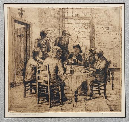 Belgische etser R. Malfliet met een ets, vernis mou