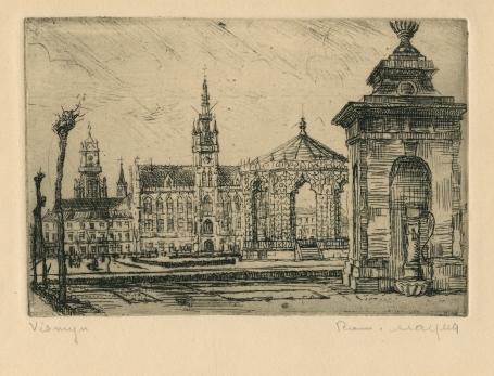 Belgische etser R. Malfliet met een kleine fijne ets