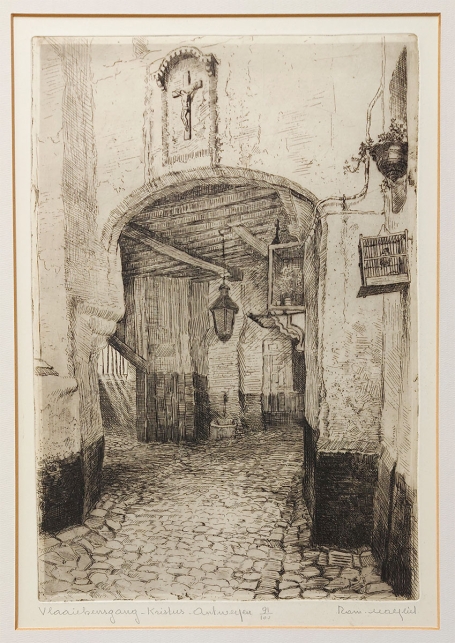 Belgische etser R. Malfliet met een ets van de Vlaaikensgang