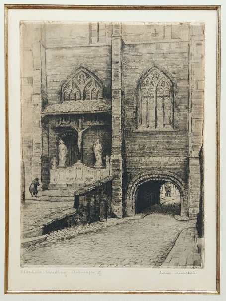 Belgische etser R. Malfliet met een Antwerpse ets