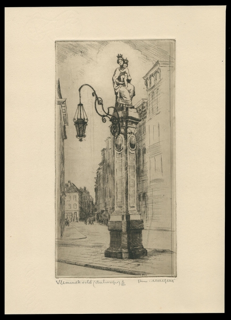 Gesigneerde ets van het Vleminckveld te Antwerpen