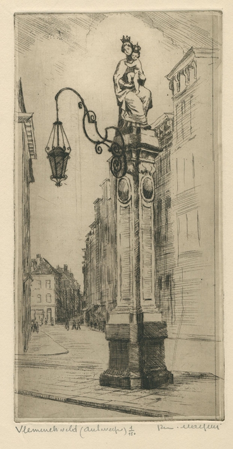 Belgische etser R. Malfliet met een Antwerpse ets