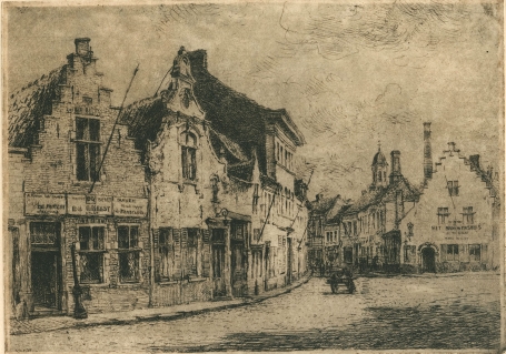Belgische etser R. Malfliet met een ets van Lokeren
