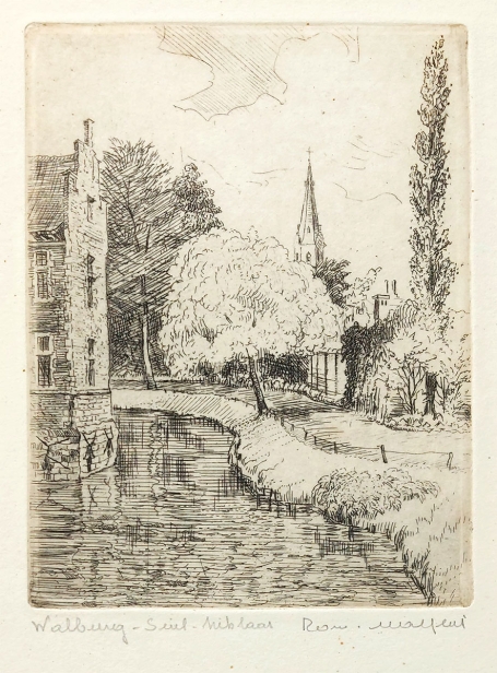 Belgische etser R. Malfliet met een stadsgezicht op Waldburg