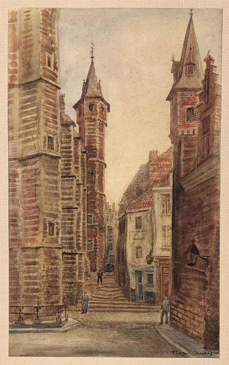 Belgische schilder R. Malfliet met  een schilderij van Antwerpen
