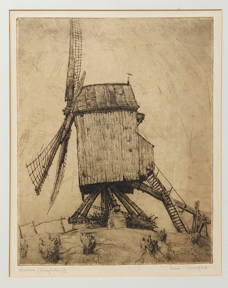 Belgische etser R. Malfliet met een ets van een molen