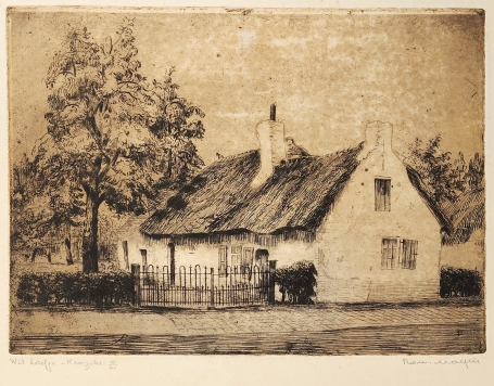 Belgische etser R. Malfliet met een ets van Kemzeke