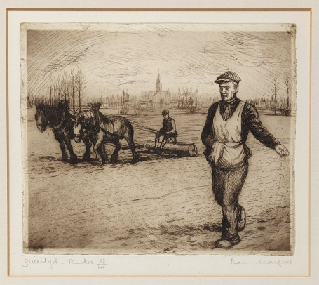 Belgische etser R. Malfliet met een ets van een zaaier